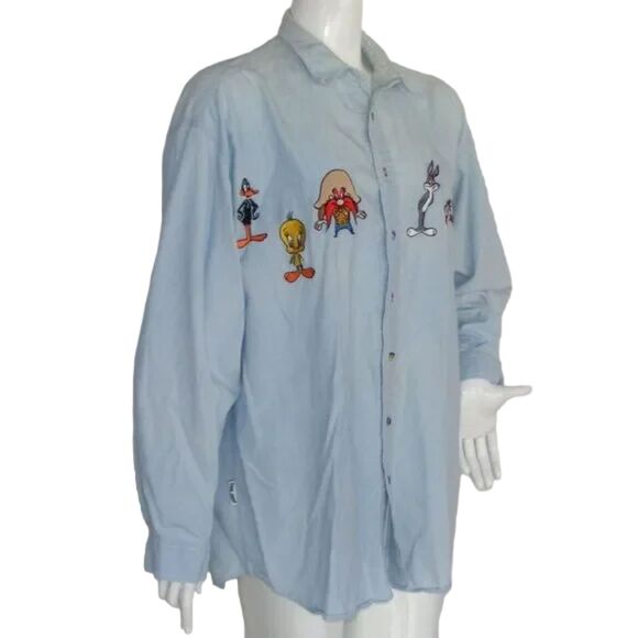 ACME Clothing Shirt L/XL, Chambray, Bugs, Daffy, Tweety, Sylvester, Sam, VINTAGE - Picture 4 of 14